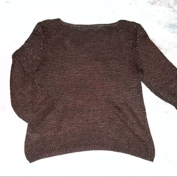 New Josephine Chaus Knit Sweater Brown Semi-transparent waffle scoop neck - Picture 4 of 11